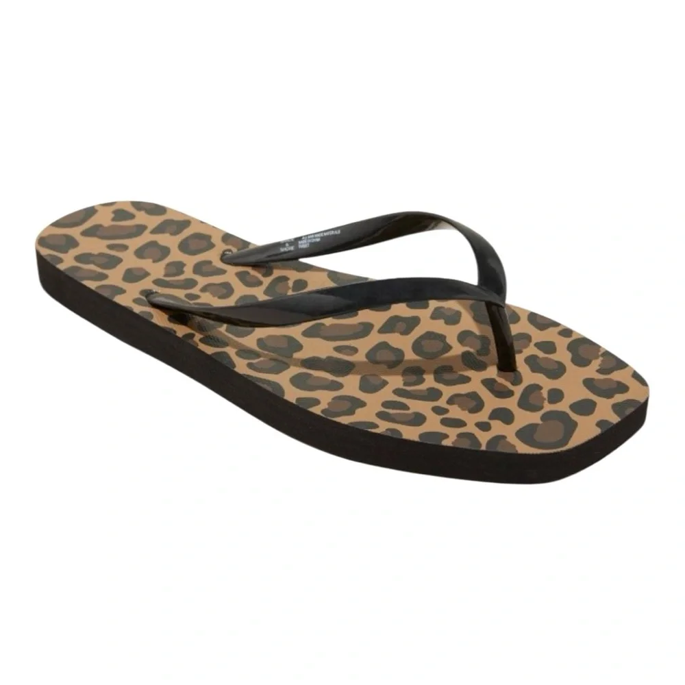 3 Pair Square Toe Flip Flop Sandals Leopard Copper Black - Picture 2 of 12